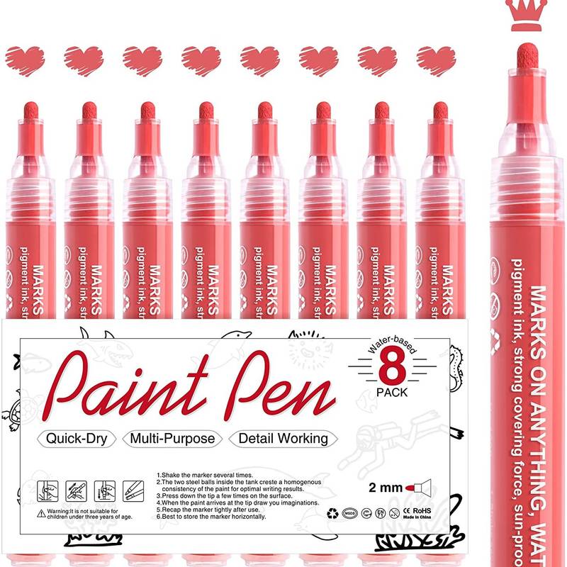 White Paint Pen for Art 8Pack Acrylic White Paint Marker for Rock Painting, Stone, Wood, Canvas, Glass, Metal, Metallic, Ceramic, Tire